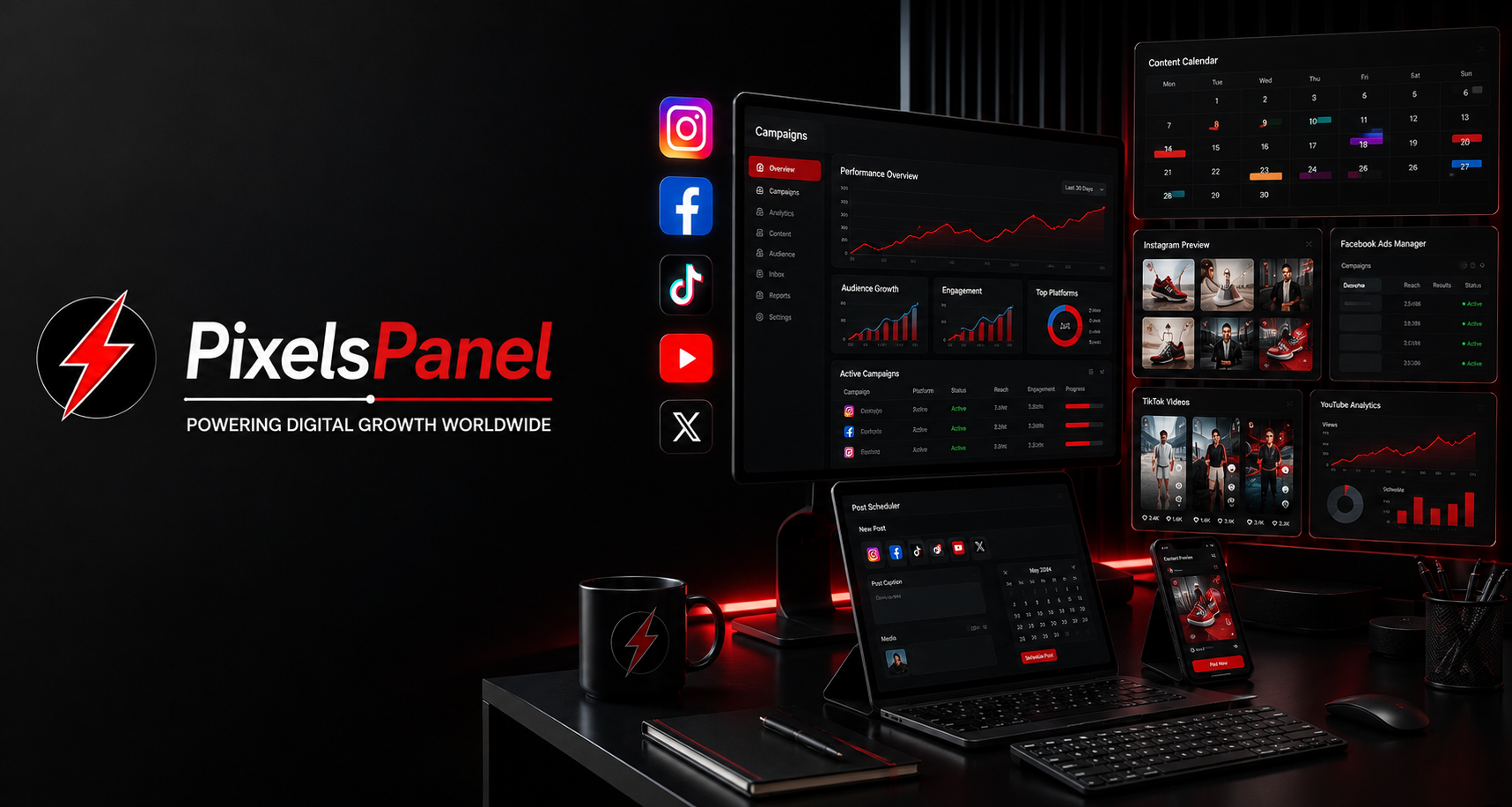 Pixels Panel campaigns console with content calendar, Instagram preview, Facebook ads manager and YouTube analytics