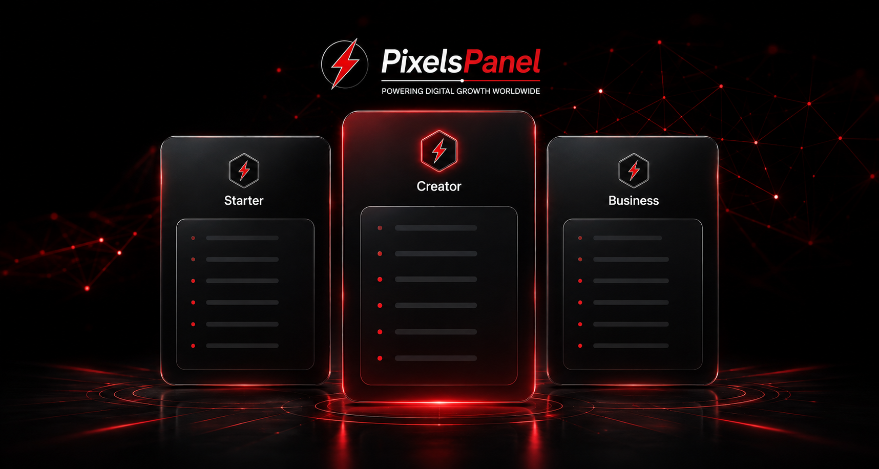 Pixels Panel Starter, Creator and Business package tier cards