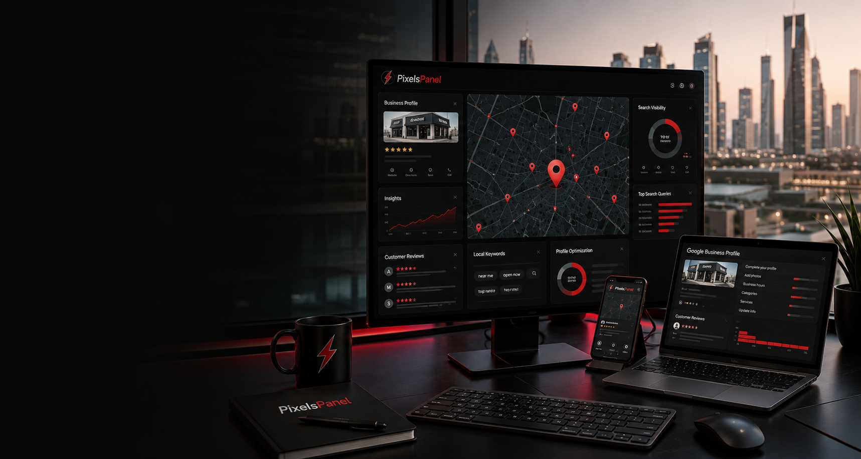 Pixels Panel local growth dashboard with map pins, search visibility ring chart and customer reviews